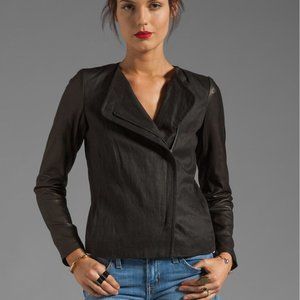 Vince Lamb Leather Sleeve Asymmetric Jacket Womens 4 Black Linen Blend Full Zip